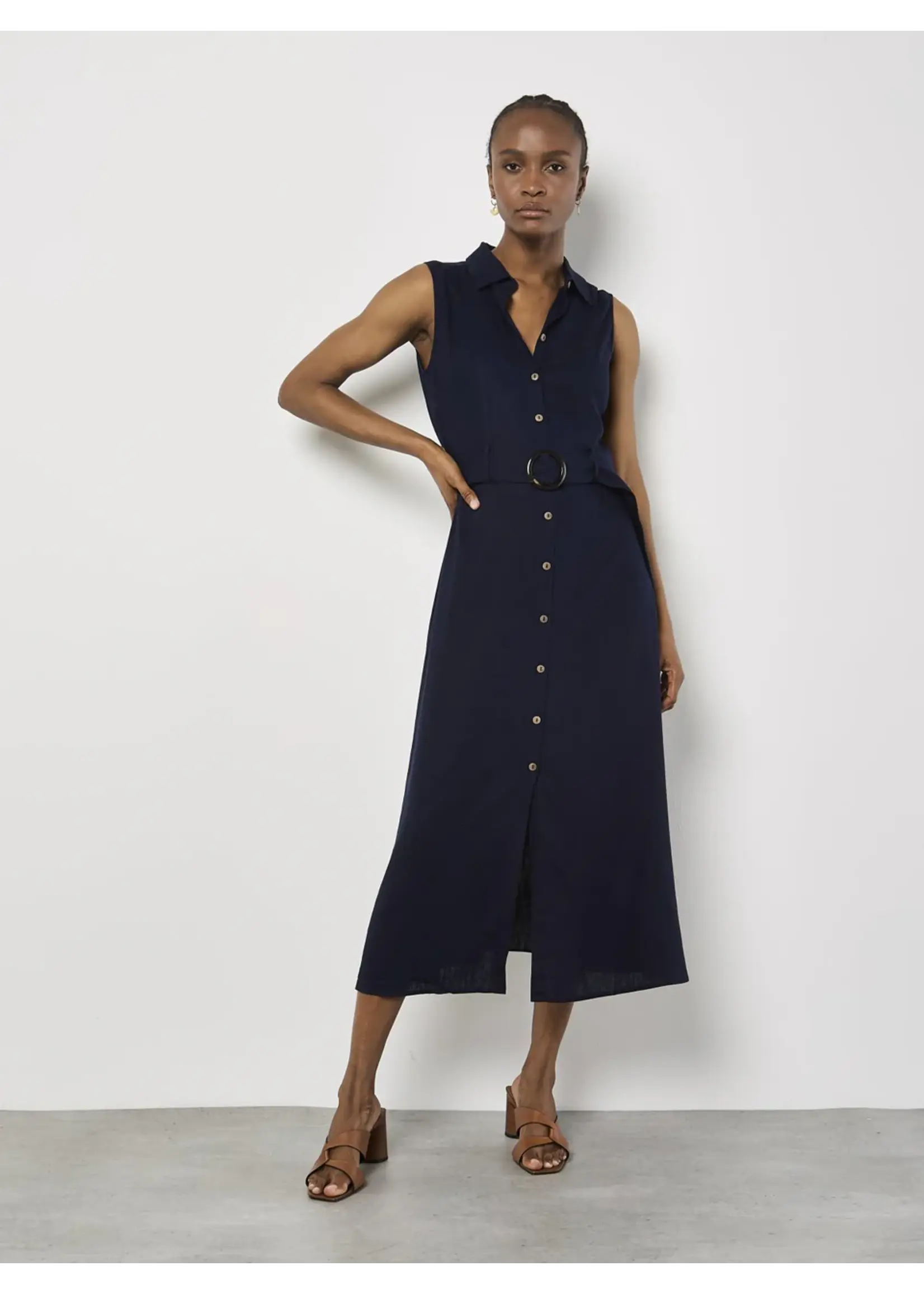 Apricot Clothing Sleeveless Belted Linen Mix Shirt Midi Dress