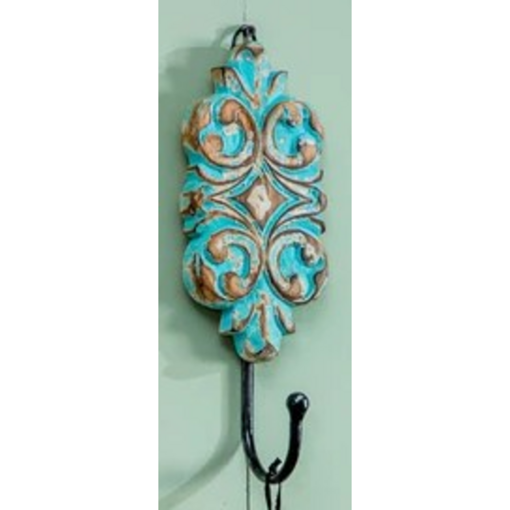 Rustic Turquoise Carved Wooden Hanger