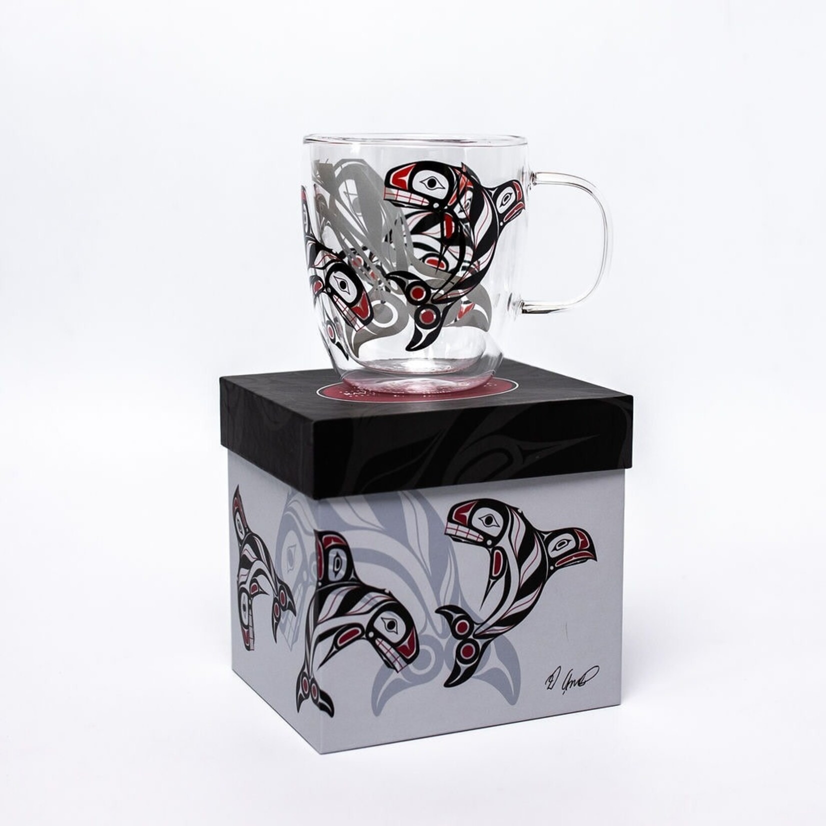 Native Northwest Double Walled Glass Mug - Raven Fin Killer Whale by  Darrel Amos