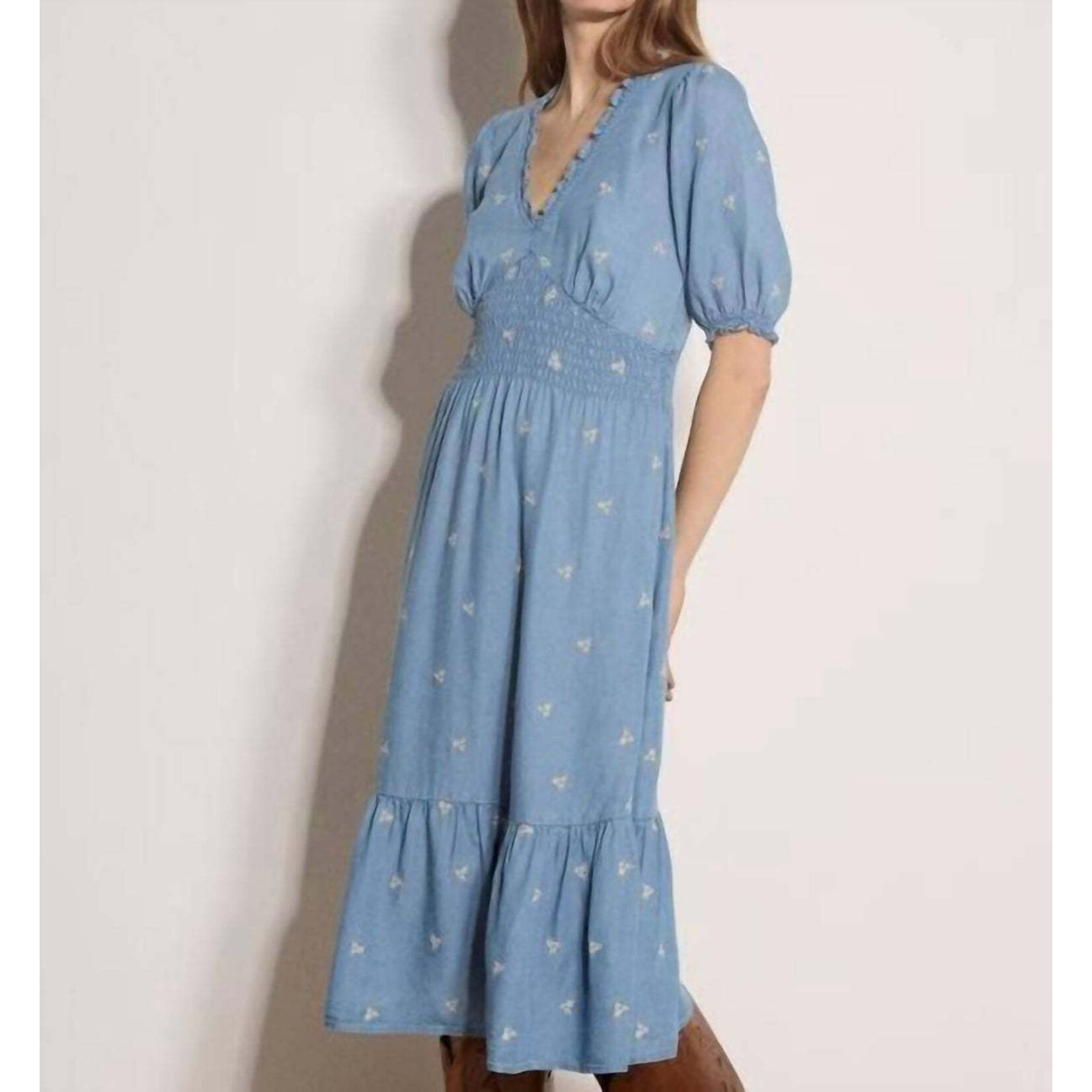 Apricot Clothing X251056 - Embroidered Denim Tea Dress