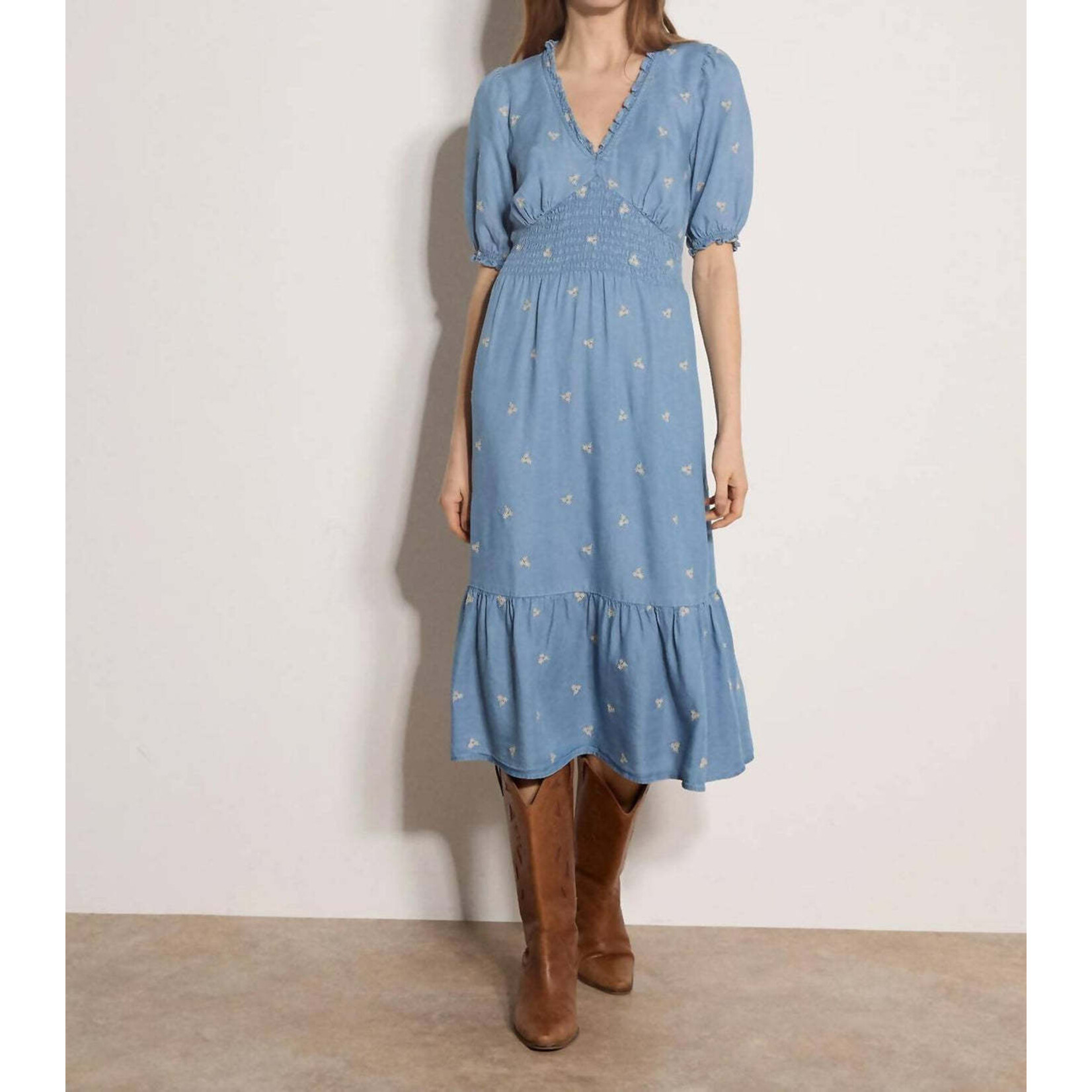 Apricot Clothing X251056 - Embroidered Denim Tea Dress