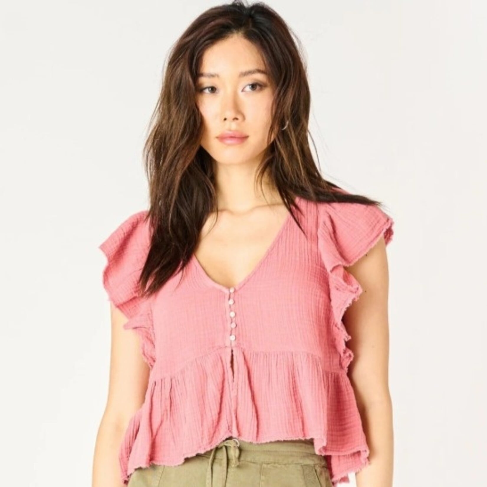 Dex Clothing 2523516 - Betty Flutter Sleeve V-Neck Button-Front Top