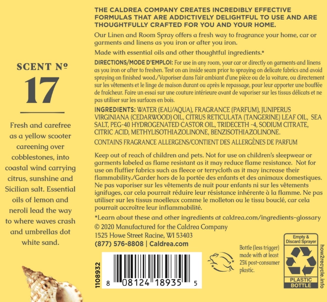 Caldrea Linen & Room Spray 16oz w/Soap Bark & Aloe Vera