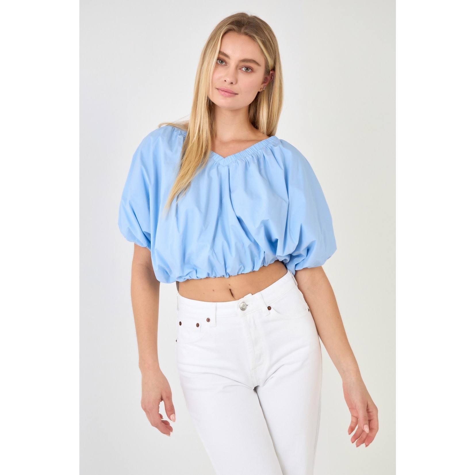 2.7 August Apparel Cropped V-Neckline Puff Top