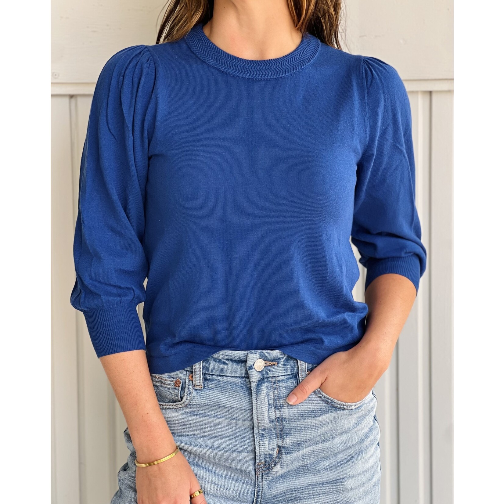 Rib trim puff sleeve sweater - Ella Blu