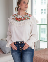 Rose Embroidered Ruffle Top - Cream