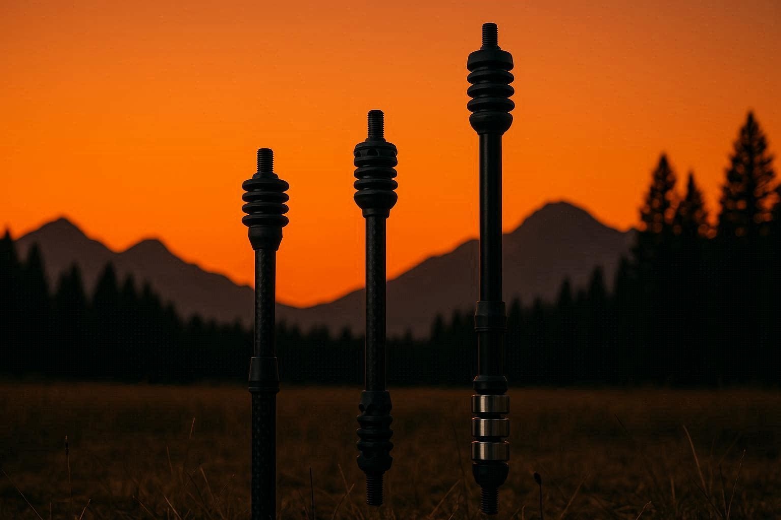 archery stabilizers and dampeners centered in a field, background is a deep orange sunset, include mountains and dark pines.jpg