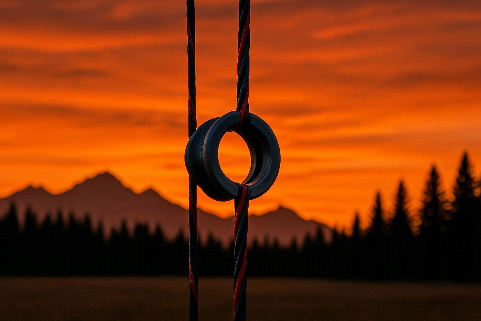 archery peeps and strings closeup centered in a field, background is a deep orange sunset, include mountains and dark pines.jpg