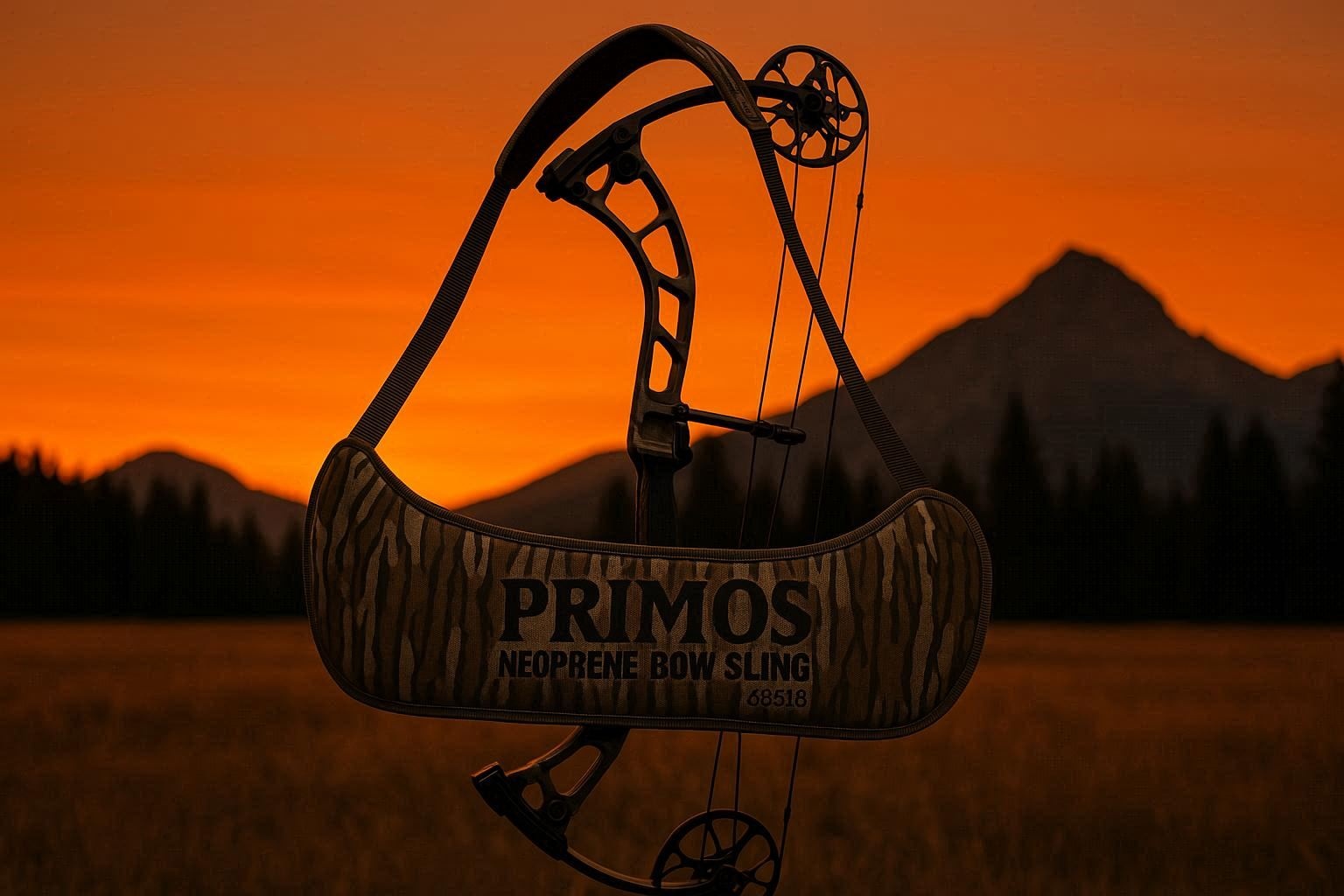 archery bow over the shoulder slings Primos Neoprene Bow Sling, MO Bottomland- 65618 centered in a field, background is a deep orange sunset, include mountains and dark pines.jpg