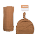Lulujo Hello World Blanket & Knotted Hat - Tan