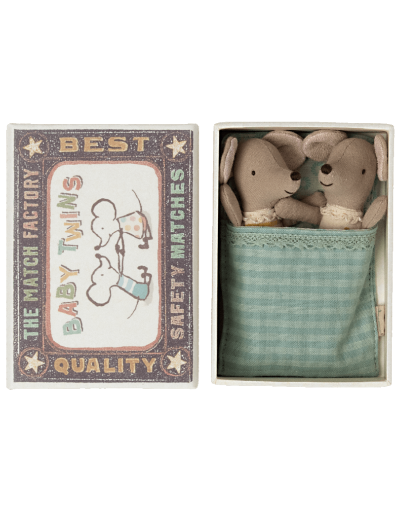 Maileg Baby Twins Mice in Matchbox  (Checkered Blanket)