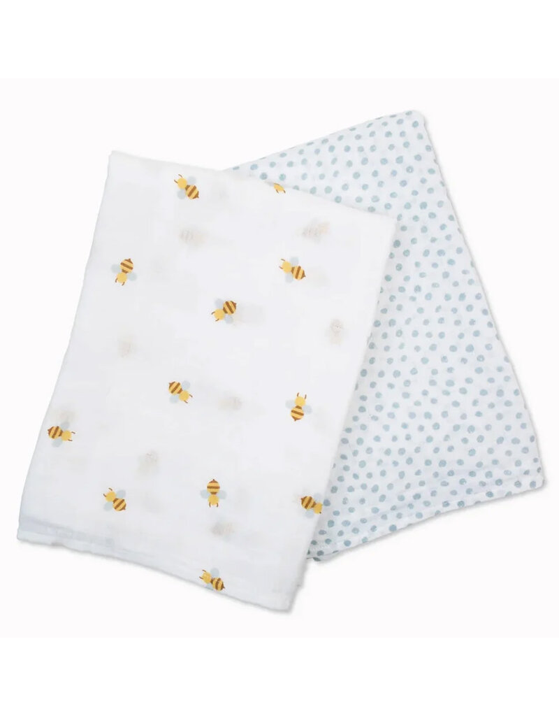 Lulujo Muslin 2pk Cotton Swaddles Bees + Blue Dots