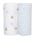 Lulujo Muslin 2pk Cotton Swaddles Bees + Blue Dots