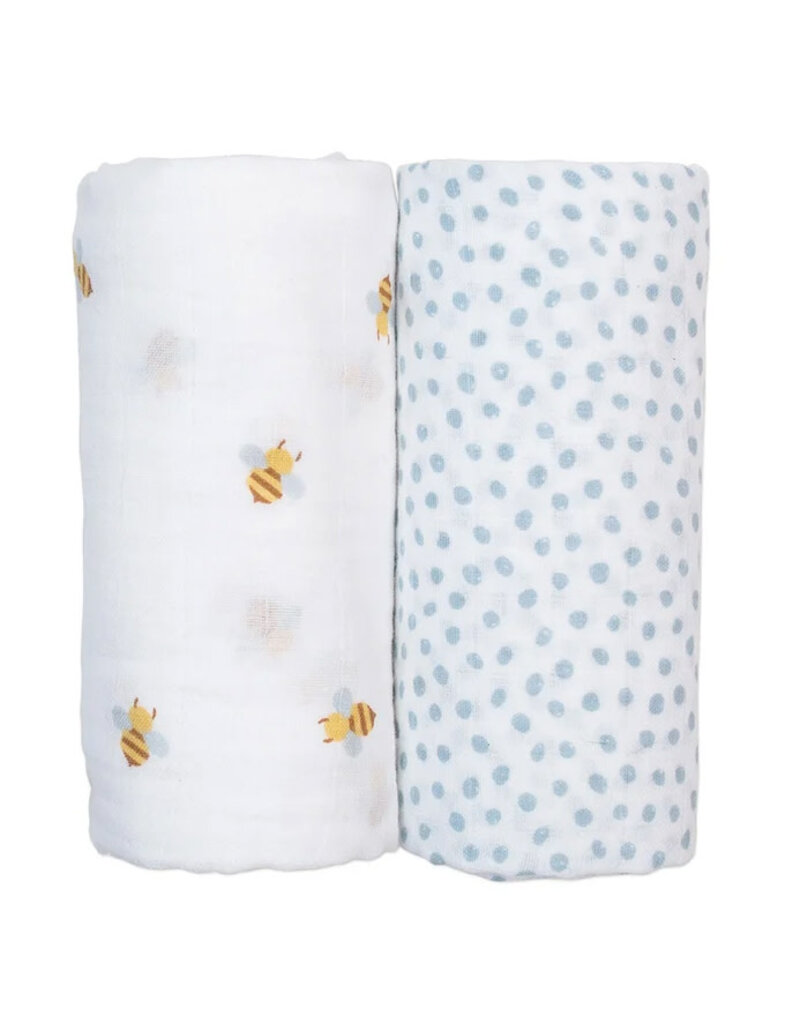 Lulujo Muslin 2pk Cotton Swaddles Bees + Blue Dots