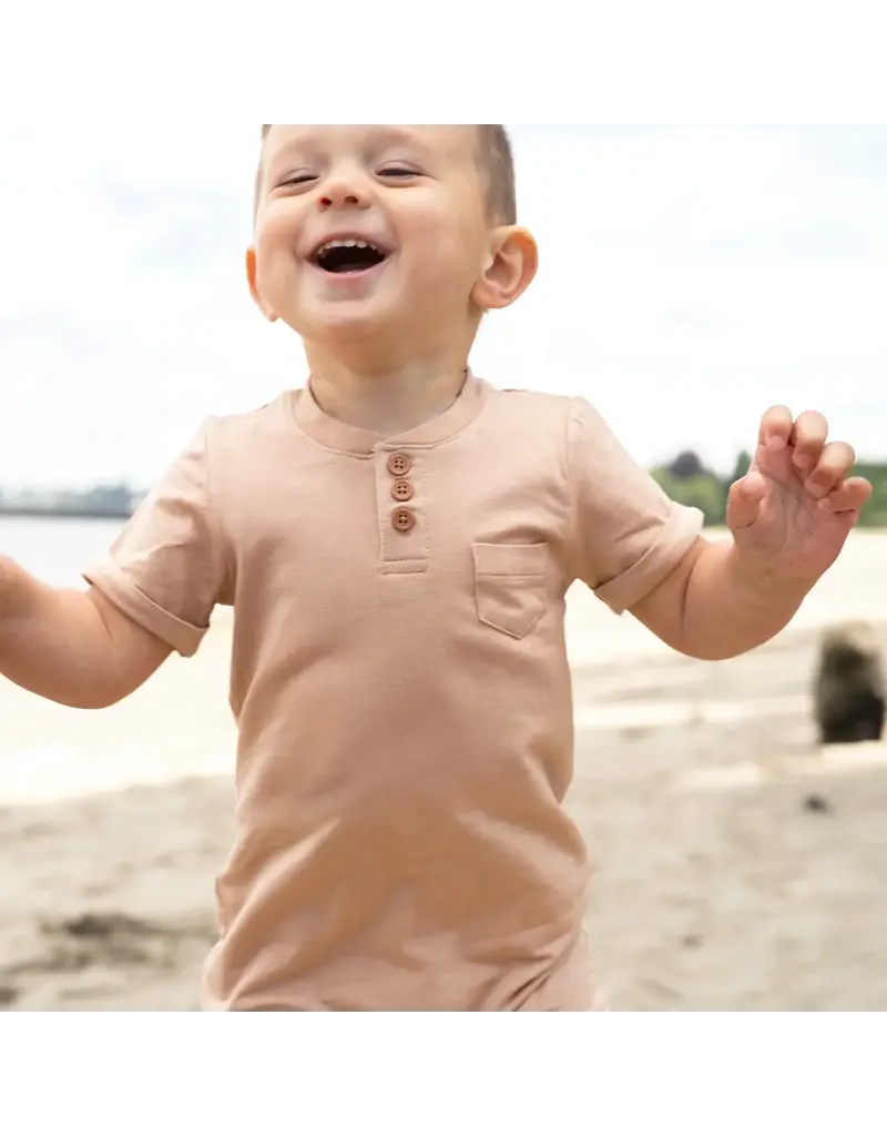 Silkberry Bamboo SS Button Shorts Romper, Maple Sugar