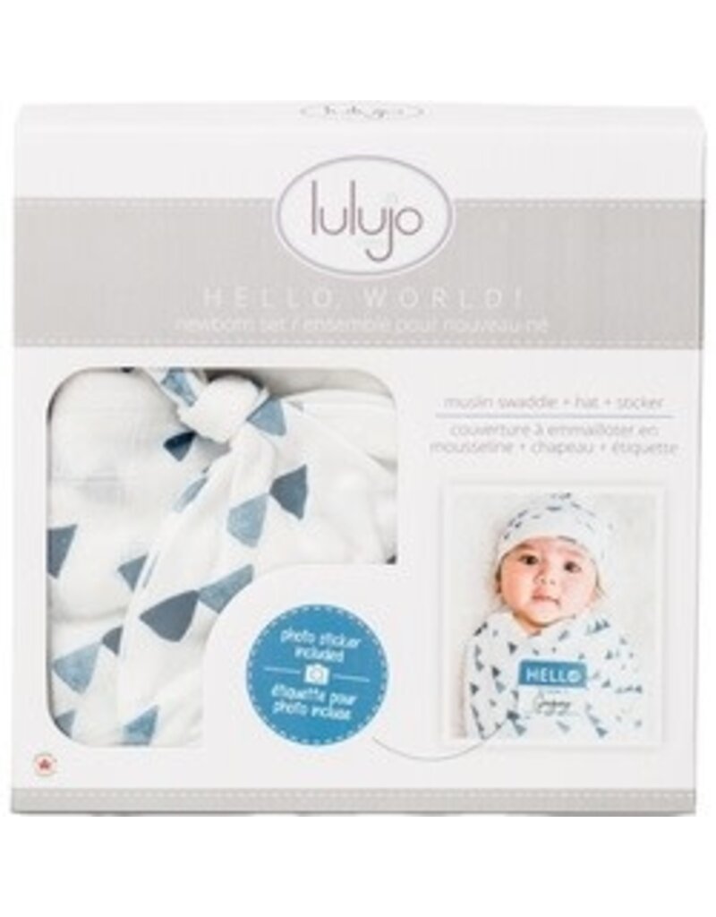 Lulujo Hello World Blanket & Knotted Hat - Navy Triangles