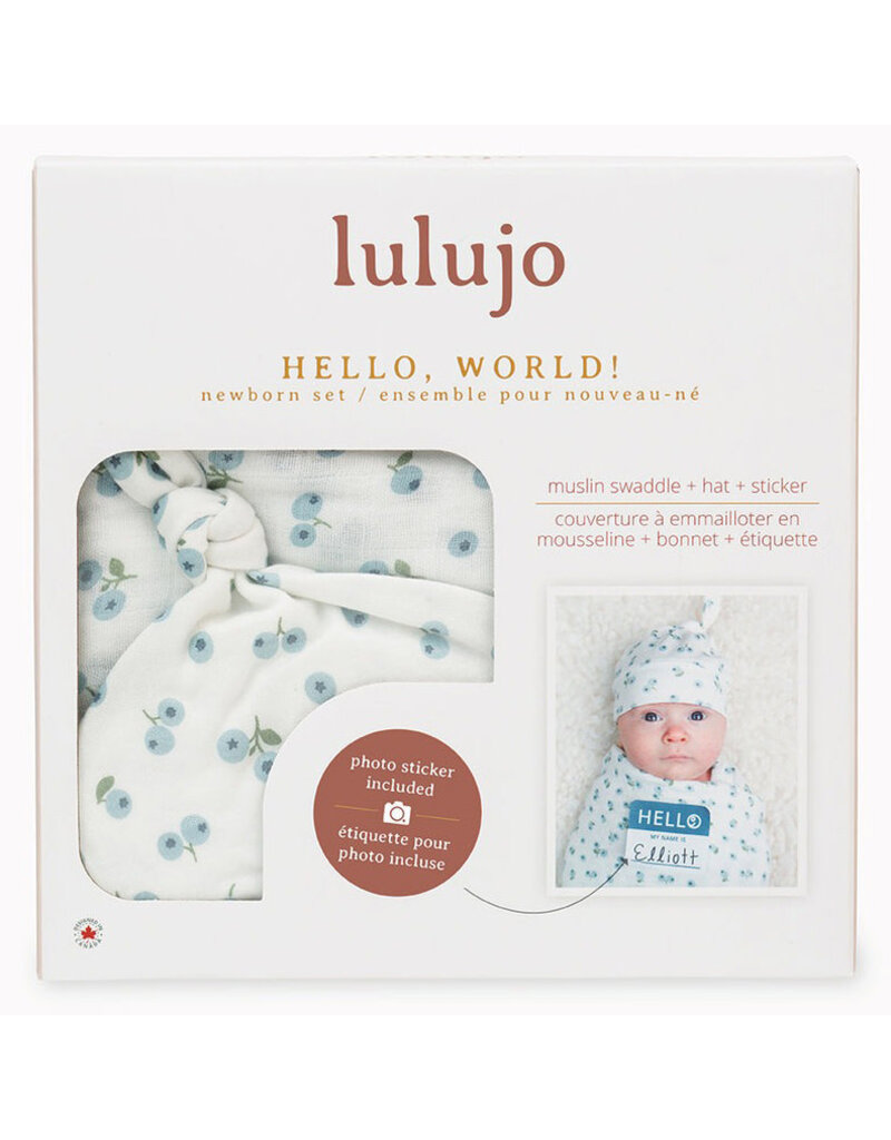 Lulujo Hello World Blanket & Knotted Hat - Blueberries
