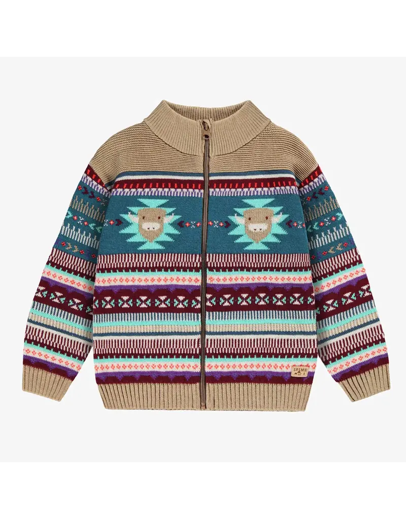 Souris Mini Beige/Blue Knit Zip Sweater