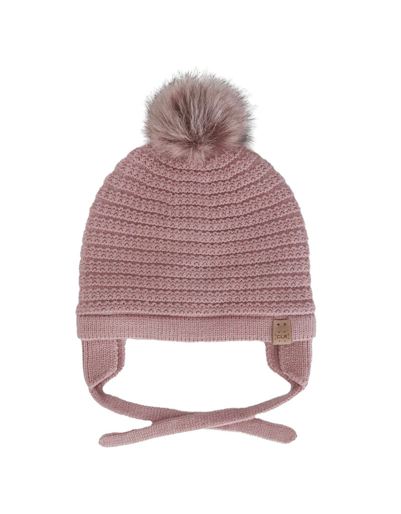 Rose Dust Pom Pom Knit Hat w/Ear Flaps