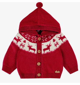 Souris Mini Jacquard Knit Hooded Baby Cardigan - Red