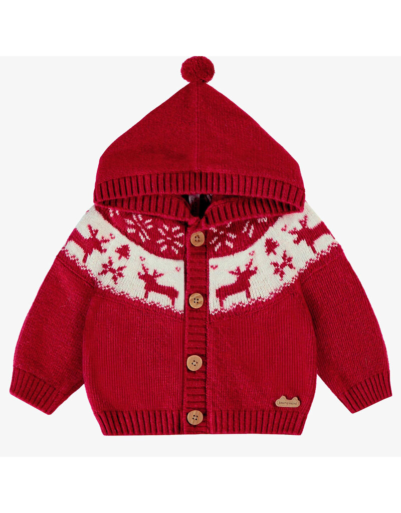 Souris Mini Jacquard Knit Hooded Baby Cardigan - Red