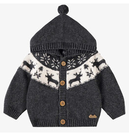 Souris Mini Jacquard Knit Hooded Baby Cardigan - Grey