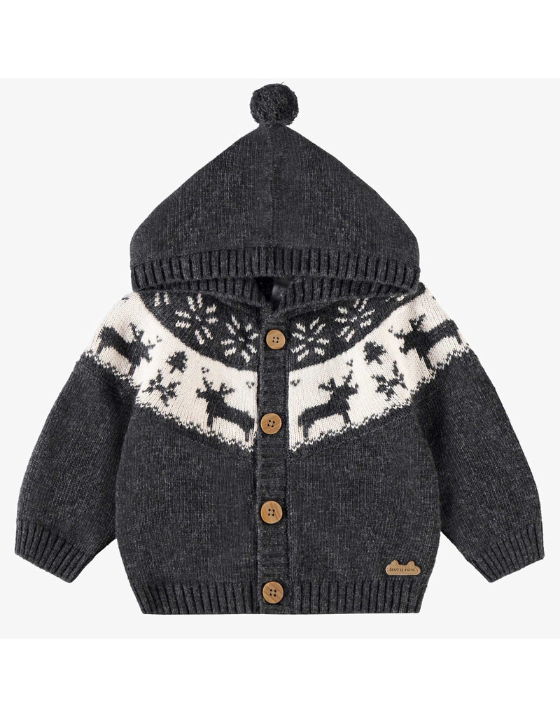 Souris Mini Jacquard Knit Hooded Baby Cardigan - Grey