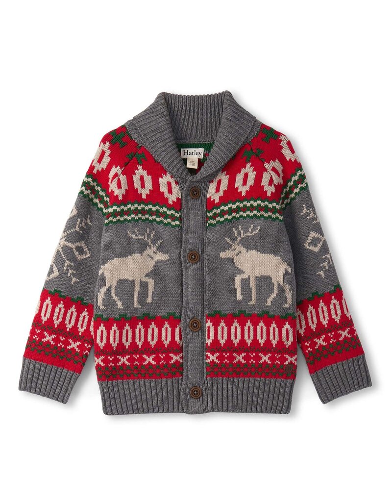 Hatley Grey/Red Winter Elk Shawl Collar Cardigan