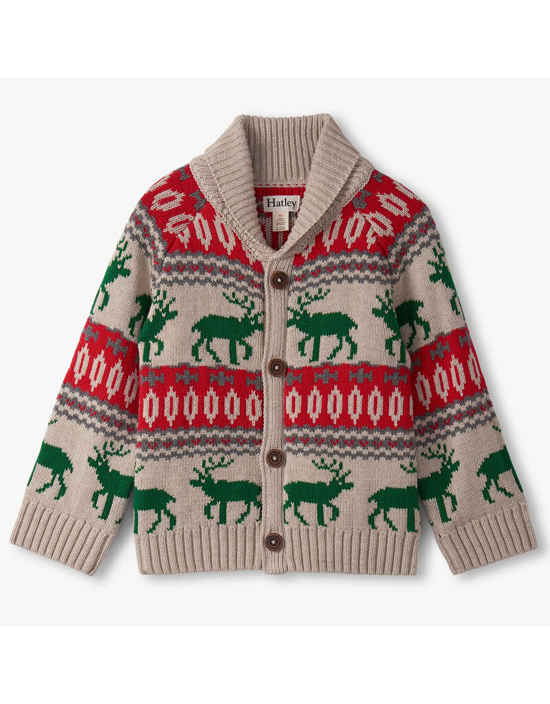 Hatley Red/Green Winter Elk Shawl Collar Cardigan