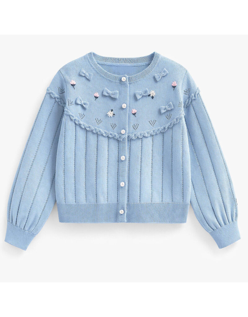 Souris Mini Flowers & Bows Knit Cardigan, Blue