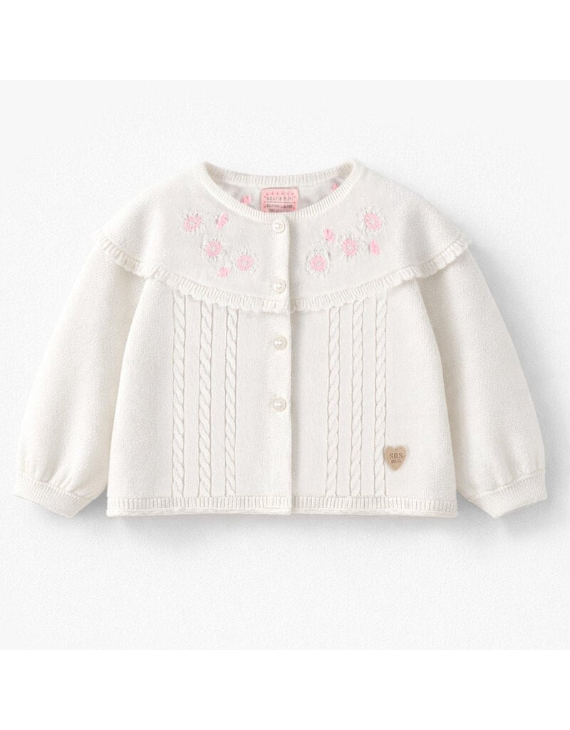 Souris Mini White Embroidered Knitted Baby Cardigan