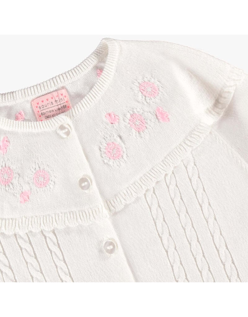 Souris Mini White Embroidered Knitted Baby Cardigan
