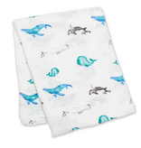 Lulujo Bamboo Cotton Muslin Swaddle Blanket - Whales 47x47