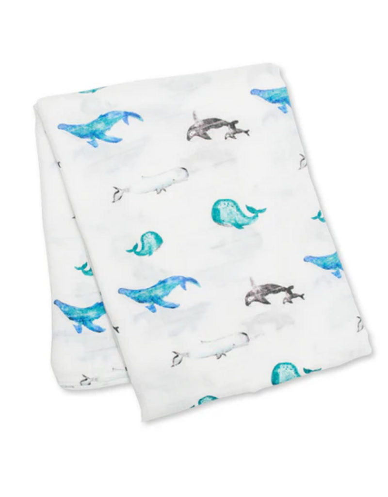 Lulujo Bamboo Cotton Muslin Swaddle Blanket - Whales 47x47