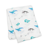 Lulujo Bamboo Cotton Muslin Swaddle Blanket - Whales 47x47