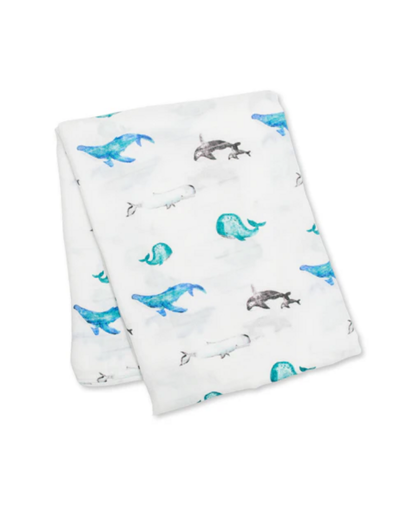 Lulujo Bamboo Cotton Muslin Swaddle Blanket - Whales 47x47