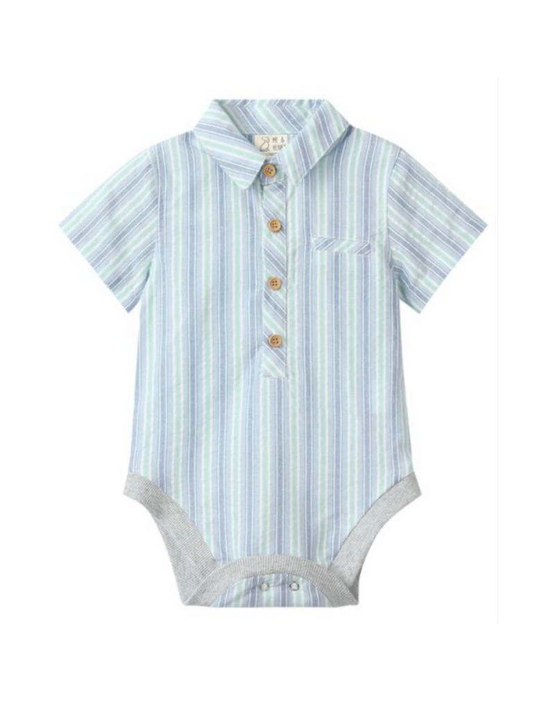 Me & Henry Helford Woven Onesie, Chambray/Mint Stripe