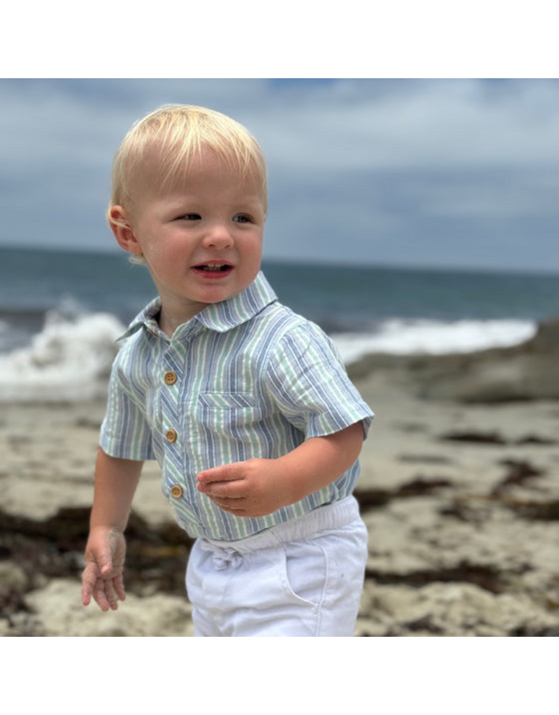 Me & Henry Helford Woven Onesie, Chambray/Mint Stripe