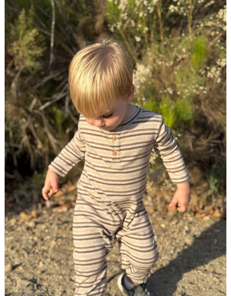 Me & Henry Mason Henley Romper, Beige Multi Stripe