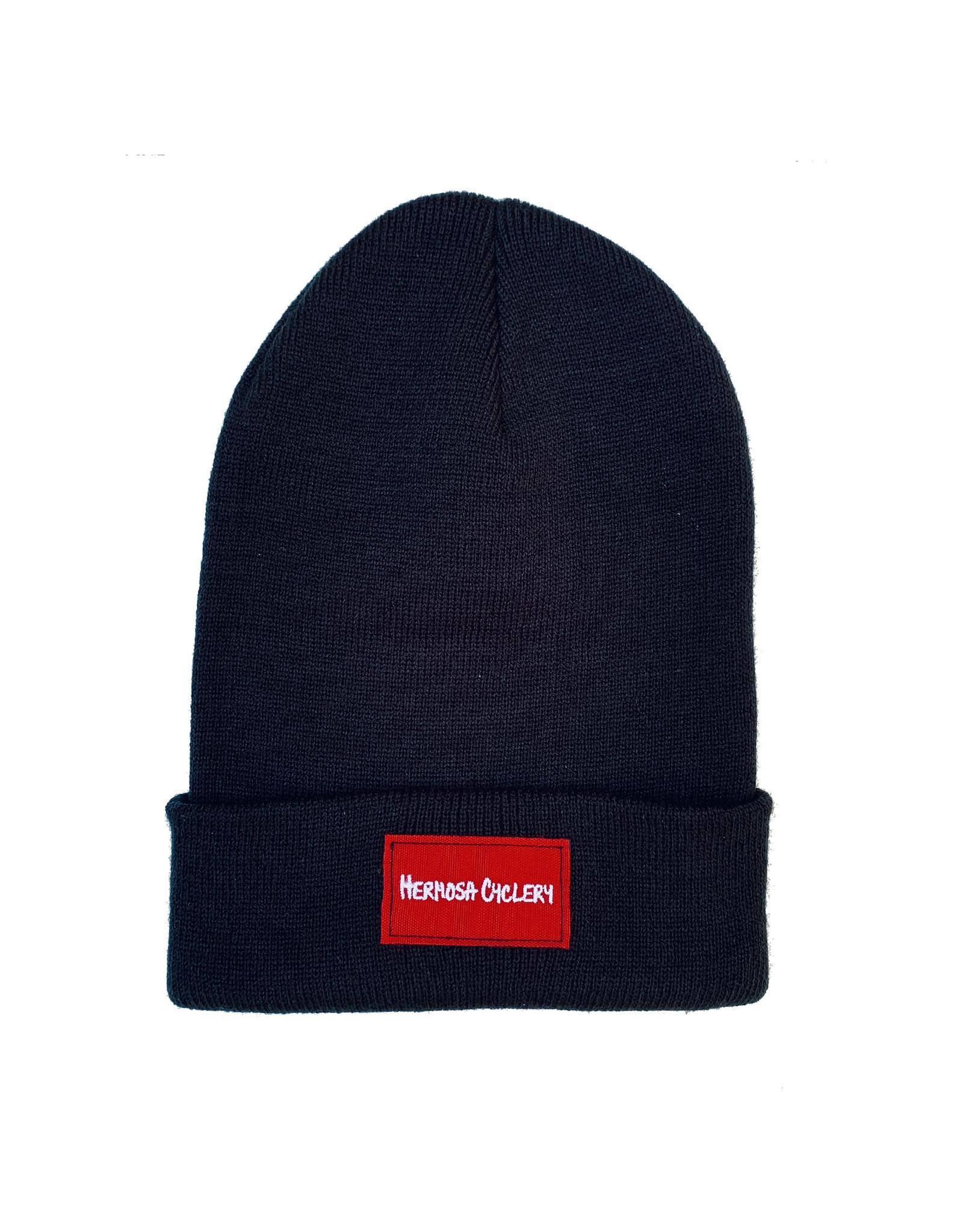 Hermosa Cyclery Hermosa Cyclery Hat 7 - Beanie, Red Patch Logo - Long Knit Black Acrylic