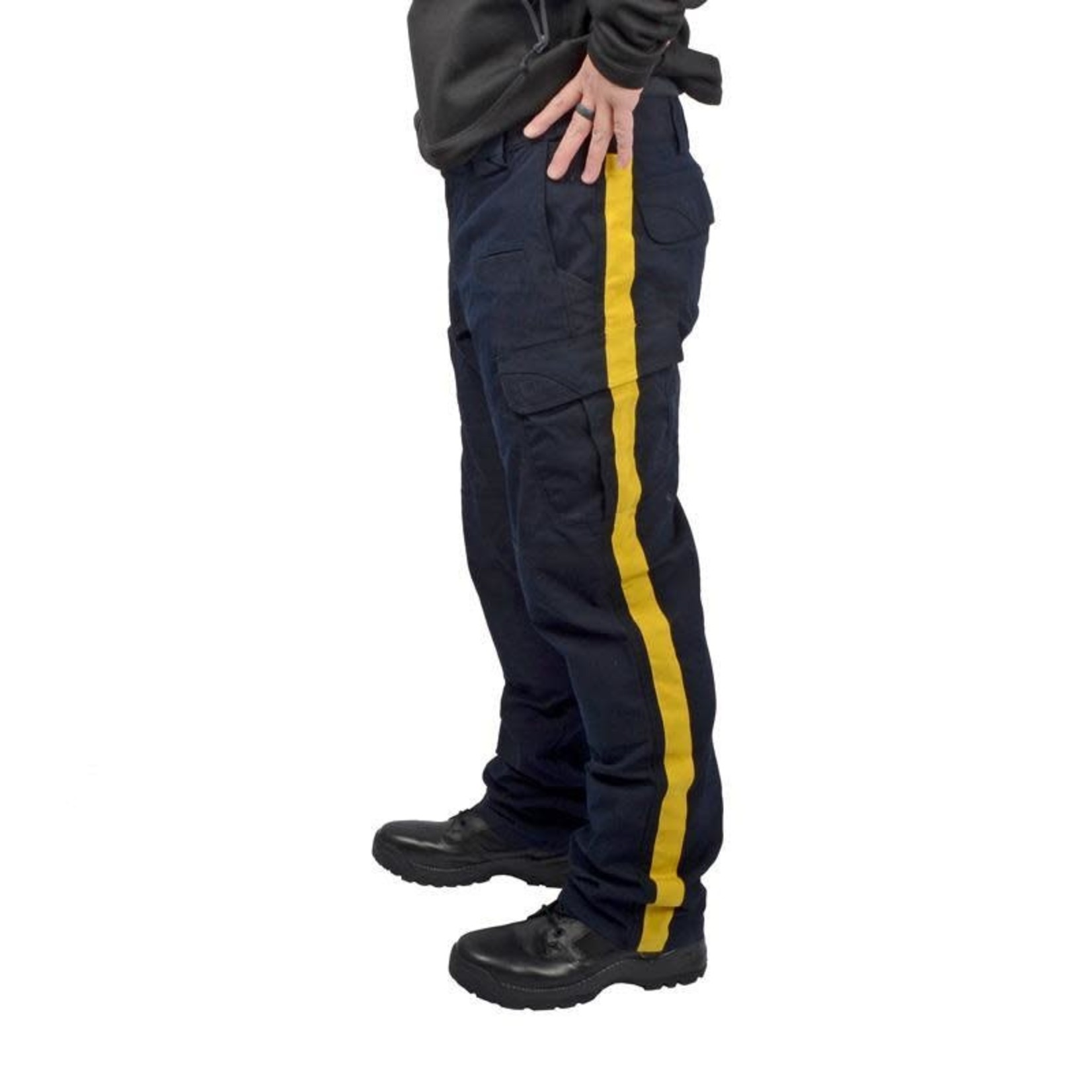 black pants with yellow side stripe