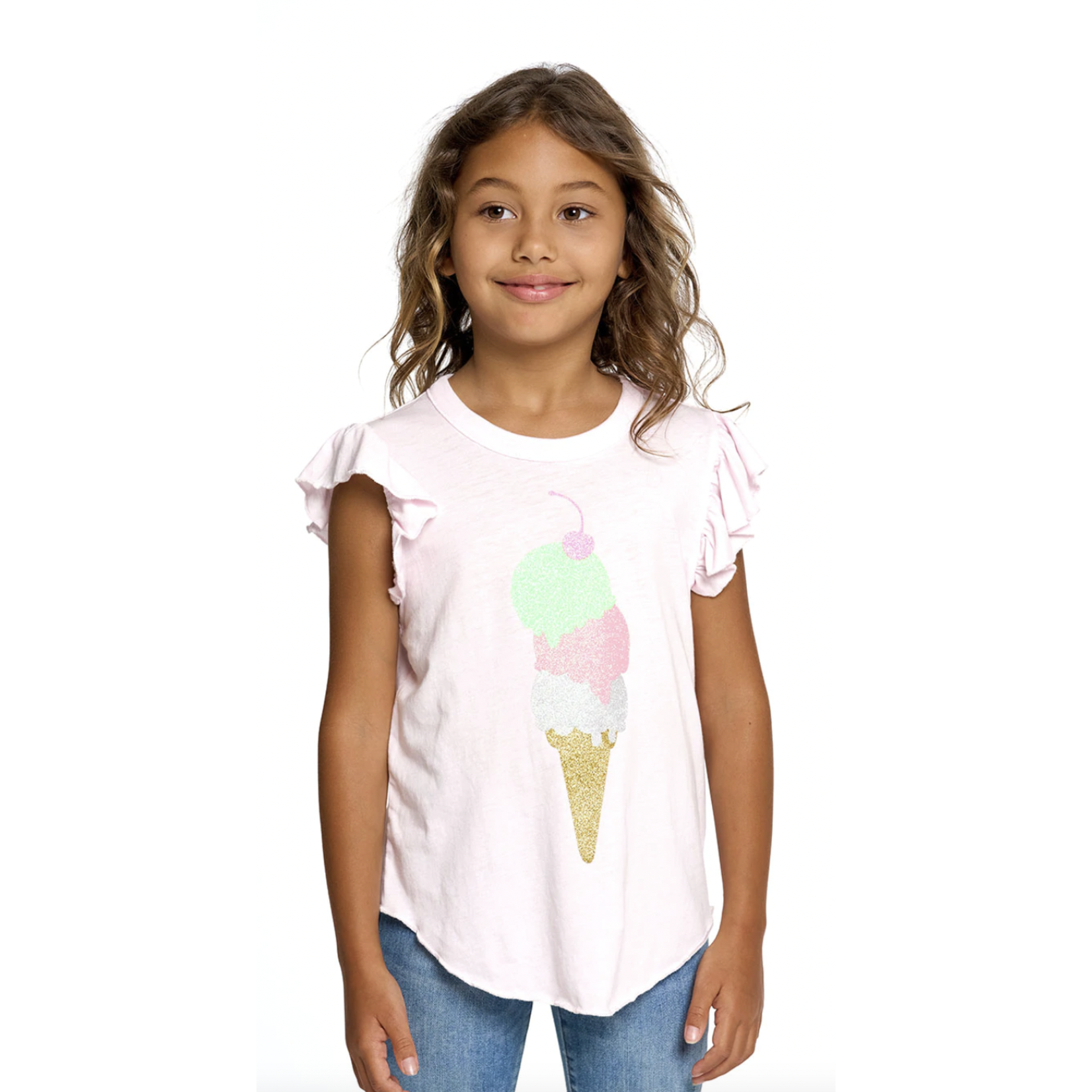CHASER Girls Ice Cream Glitter Cone Flutter Sleeve Tee