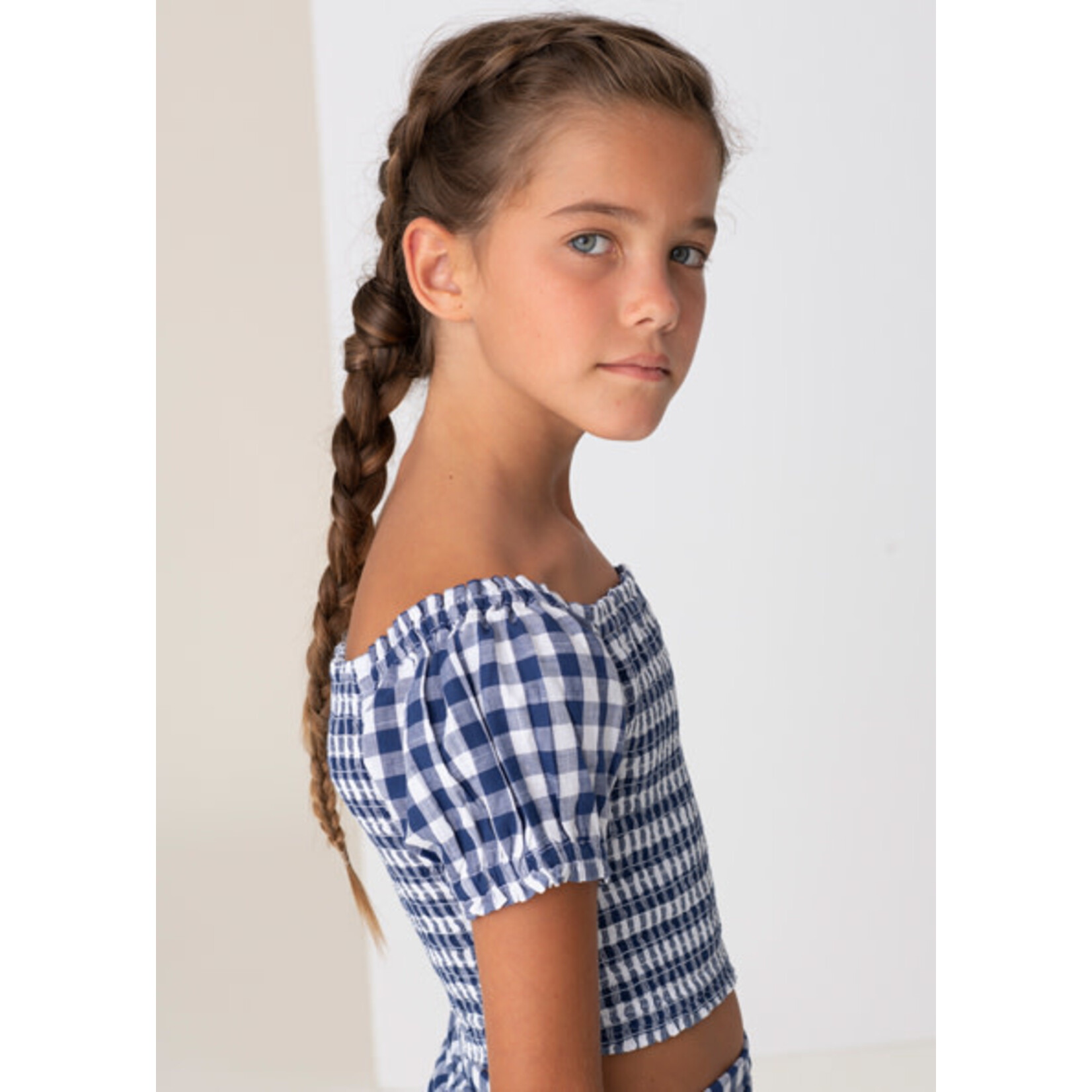 MAYORAL TWEEN Vichy Print Smocked Tween Girl Top