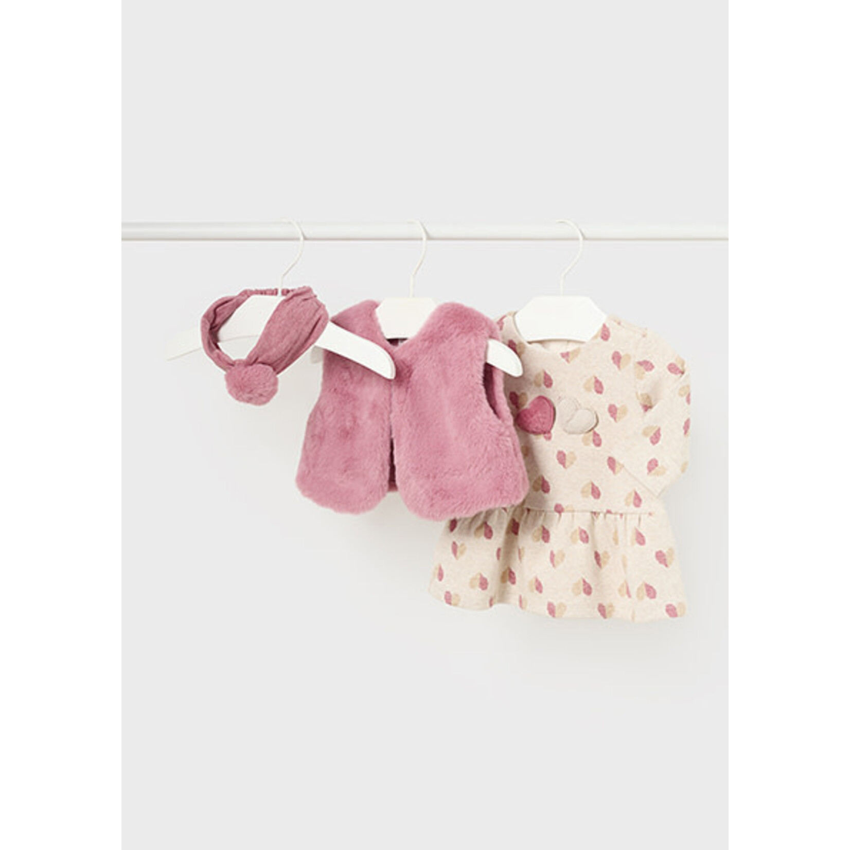 MAYORAL NEWBORN 3PC DRESS SET W/ FAUX FUR VEST BABY GIRL