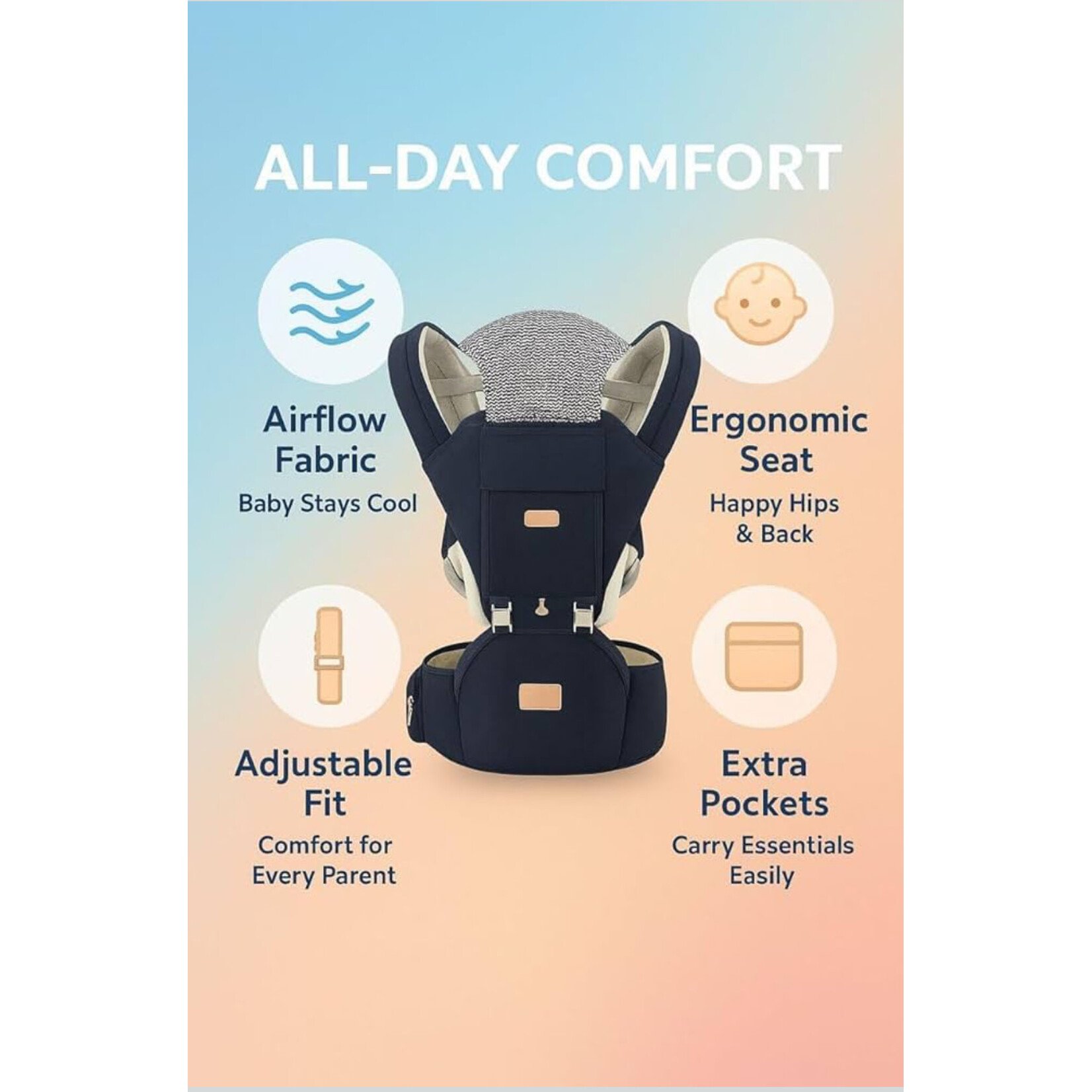 Sharth Baby Essentials Baby Carrier with Hip Seat, 6-in-1 Infants & Toddlers (7-41 lbs) Carrier Dark Blue