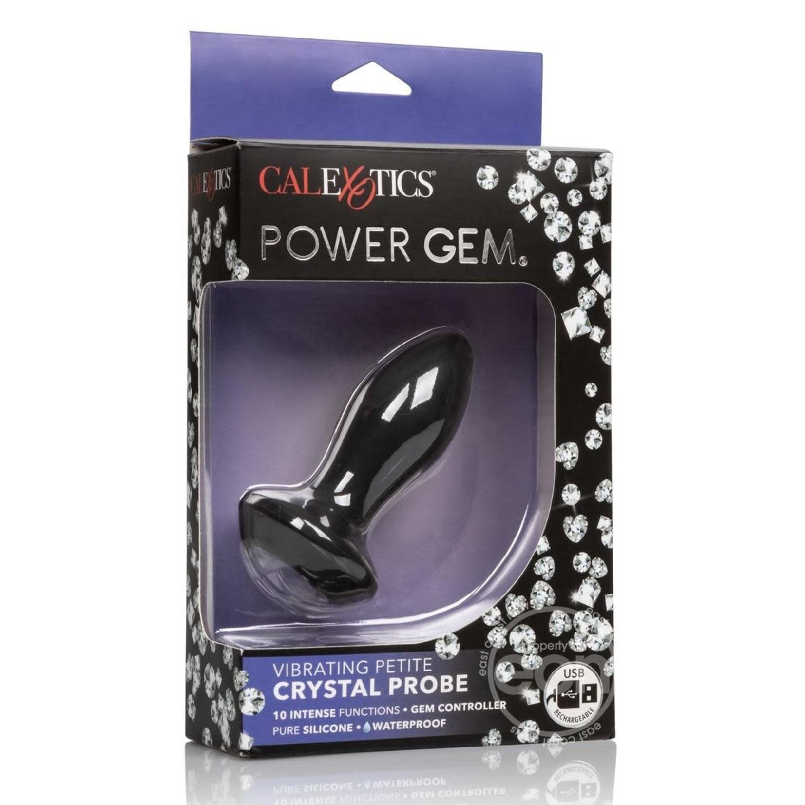 Power Gem Vibrating Petite Crystal Probe Silicone Rechargeable Butt Plug - Black