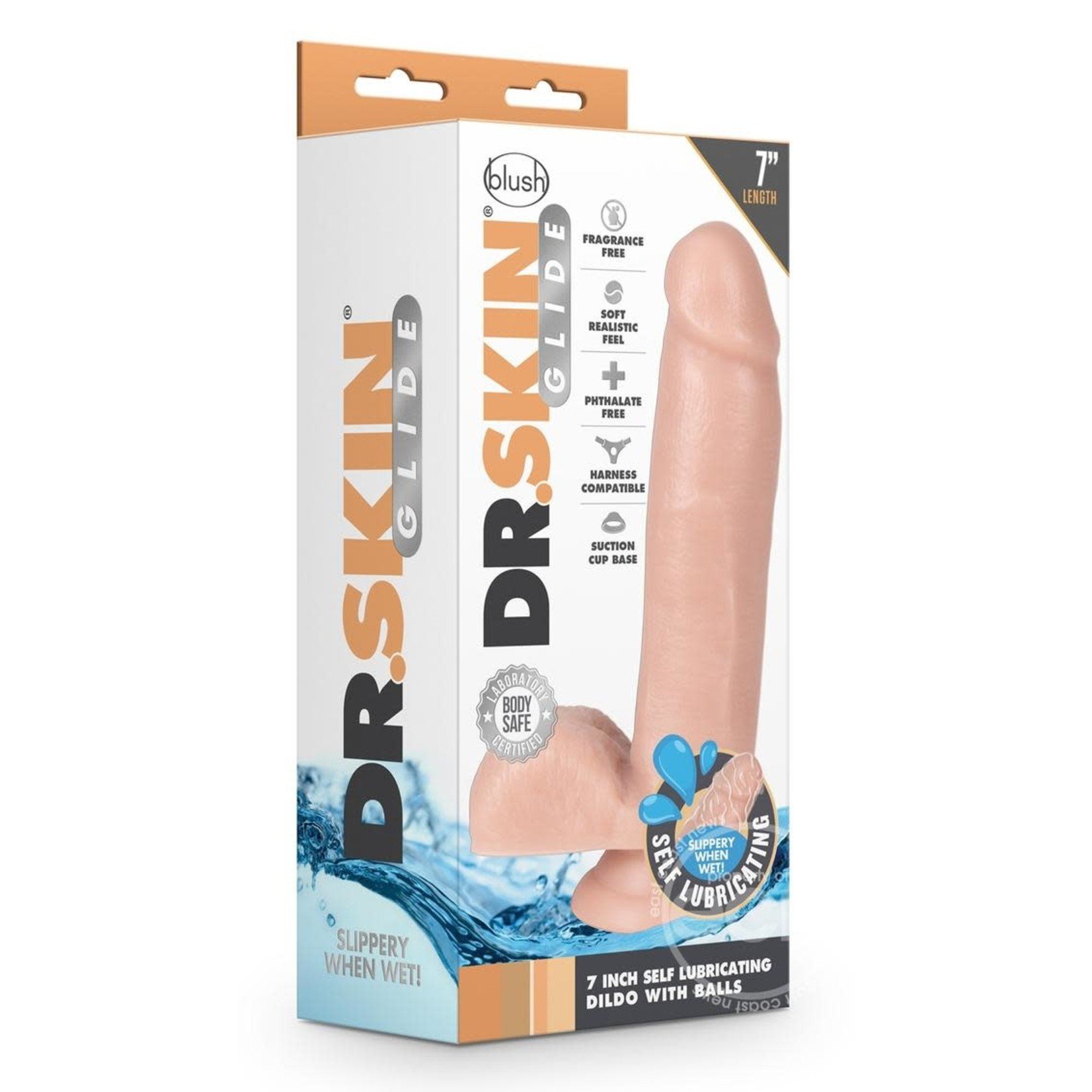 Dr. Skin Glide Self Lubricating Dildo With Balls 7in - Vanilla