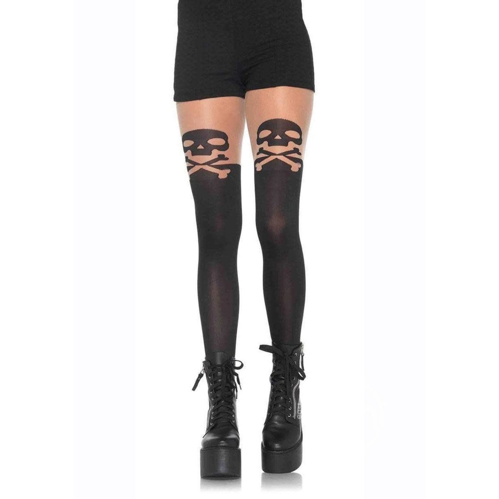 Leg Avenue Spandex Skull And Crossbone Pantyhose With Sheer Thigh Accent - O/S - Black