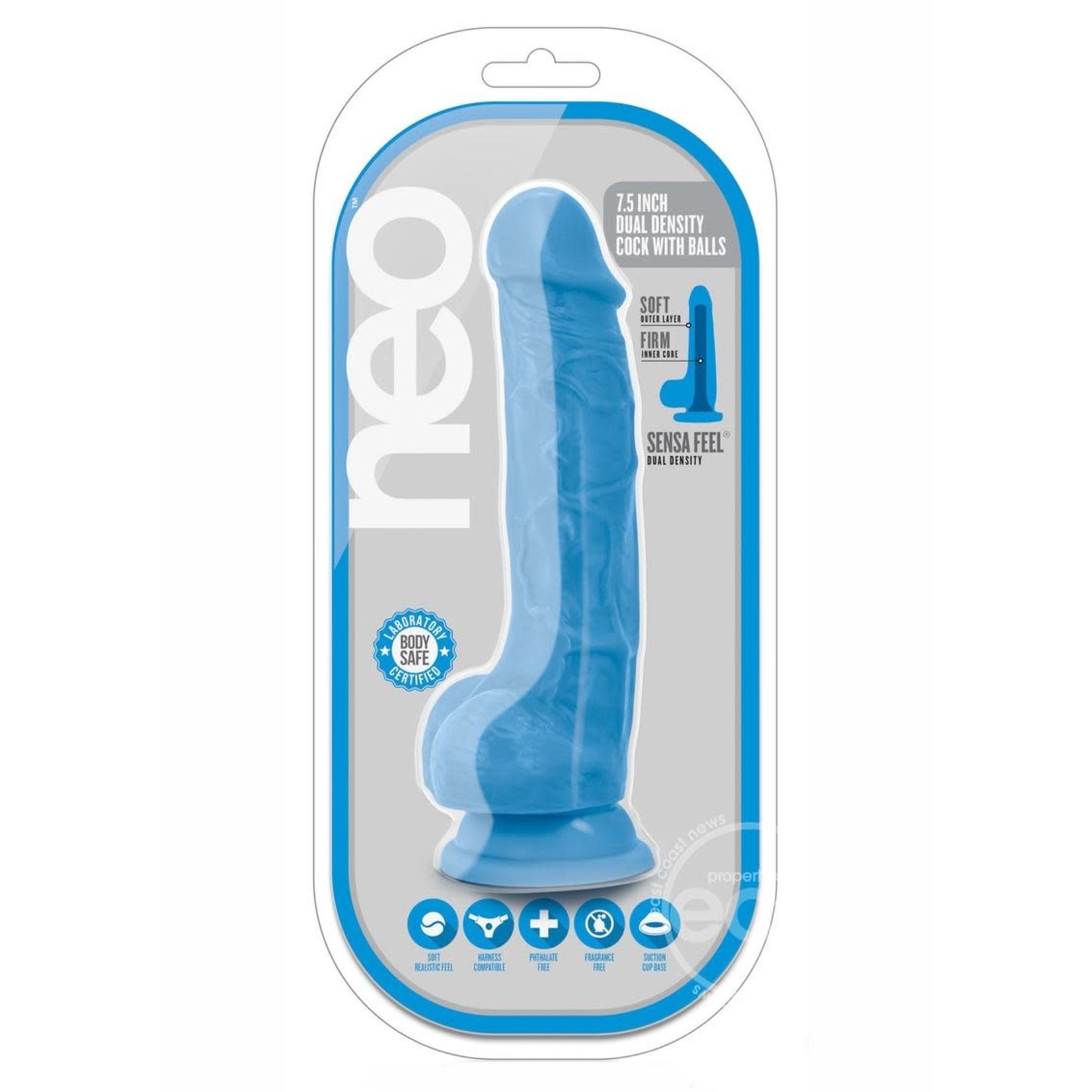 Neo Dual Density Cock with Balls 7.5in - Neon Blue