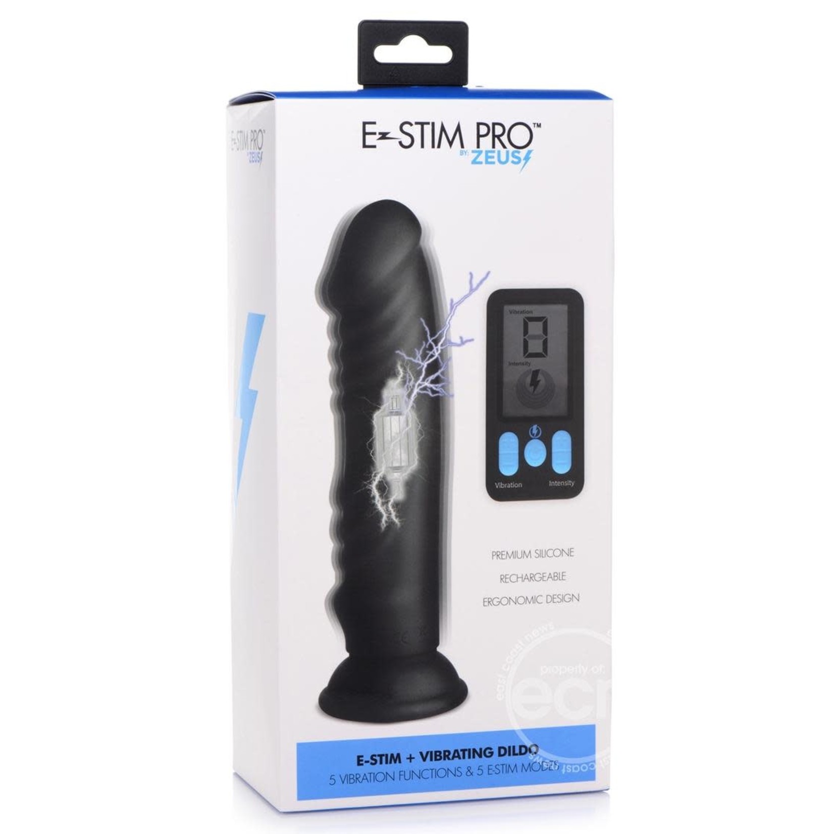 Zeus Vibrating & E-Stim Rechargeable Silicone Dildo with Remote Control 7.9in - Black